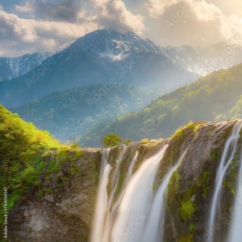 壮大な自然の中、滝が流れる