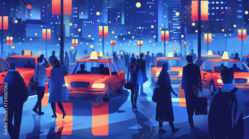 A bustling taxi rank at rush hour with a constant stream of business travelers hopping in and out of cabs. The flashing lights of the city illuminate the scene.