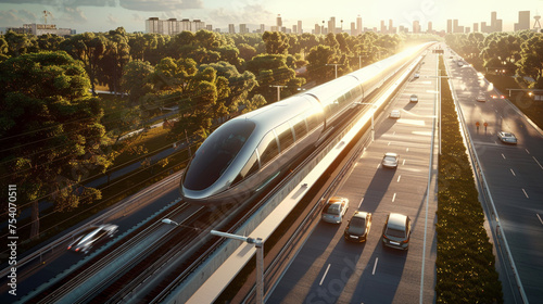 traffic in the city, The evolution of transportation infrastructure, considering the integration of hyperloop systems, smart highways, and electric charging networks realistic stock photograph
