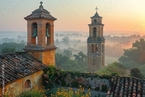 A colorful bell tower with a beautiful view of the cityscape