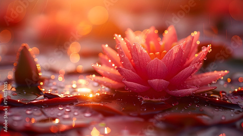 Pink Lotus Flower Amidst Red Petals at Sunset A Dreamy, Vibrant Scene