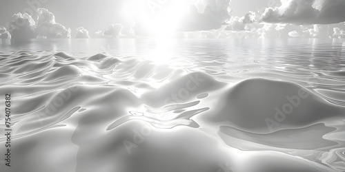 Striking 3D Render of White Water Surface Basking in Sunlight and Clouds, To provide a high-quality, visually striking image of a white water surface