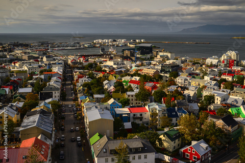 A summer afternoon view of downtown Reykjavík as seen from the top of the Hallgrímskirkja church tower, Iceland.