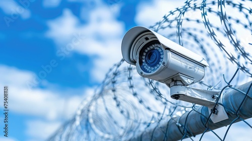 Security camera on a pole with concertina wire against a blue sky.