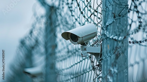 Surveillance camera attached to a chain-link fence with barbed wire coils.