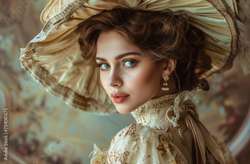 Beautiful woman in a vintage dress and hat, portrait of a beautiful young lady with blond hair in an elegant hairstyle and white makeup looking at the camera