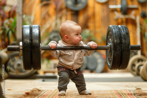 Funny strong baby lifting a heavy barbell