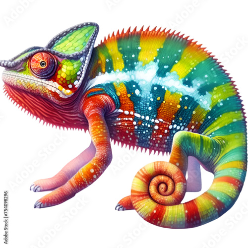 A colorful chameleon, isolated on a white background, shows off its bumpy scales