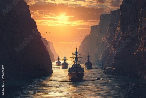 A convoy of navy ships passing through a narrow strait, with the sun setting behind rugged cliffs. 