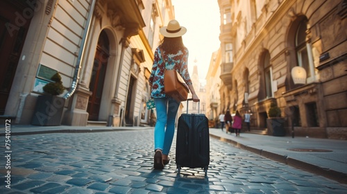 A female traveler strolling through a European city with her luggage, exploring tourism in Europe.