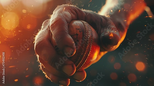A close-up of a spin bowler's fingers twisting around the ball at the point of release, highlighting the skill and artistry of spin bowling. 8k