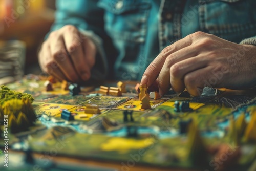 A close-up of a solo board game setup, with a focus on the game's strategic elements and the player's hands contemplating the next move. 