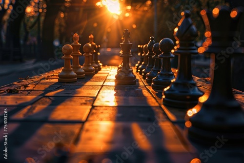 A close-up of a chessboard at the golden hour, with the sun casting long shadows of the chess pieces, emphasizing the dramatic tension and strategic thinking involved in the game. 8k