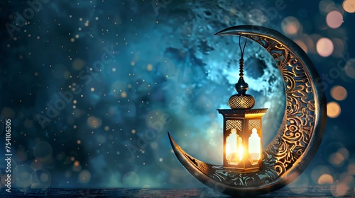 Islamic crescent moon and lantern lamp: decorative elements for ramadan kareem designs