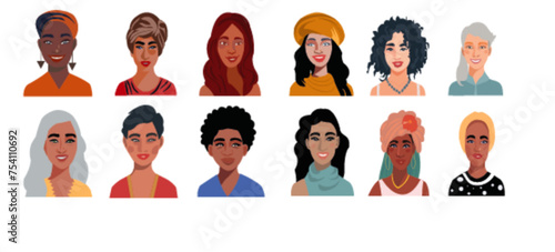 Retrato de mujeres de diferentes razas y colores. Set de diversidad de personas diferentes etnias y color.