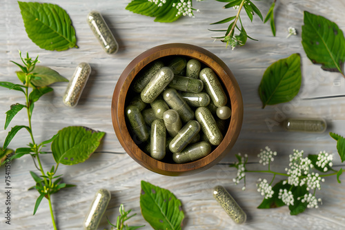 Herbal capsules on a green background