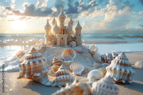 A beach with a sandcastle decorated with seashells