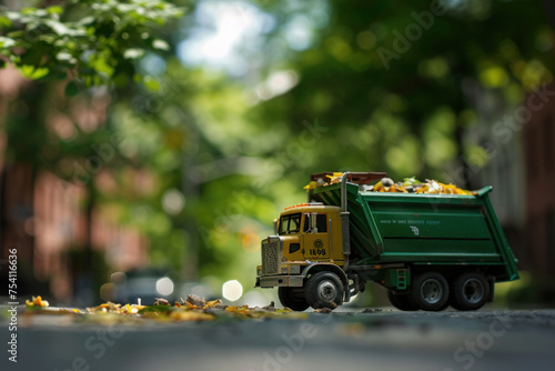  A toy garbage truck collects fallen autumn leaves on a miniature tree-lined street.