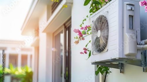 Cutting-edge technology: This air heat pump combines innovation and functionality. Air heat pump for cooling or heating a house on the wall of a building.