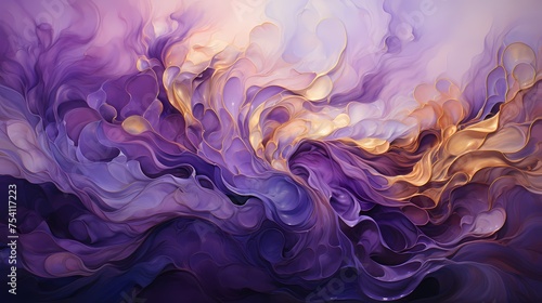 Intense fusion of amethyst and goldenrod liquids colliding with dynamic force, producing a breathtaking abstract display