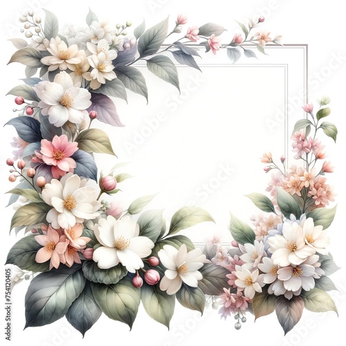 Watercolor painting of jasmine flowers and botanical elements for corner and border invitation
