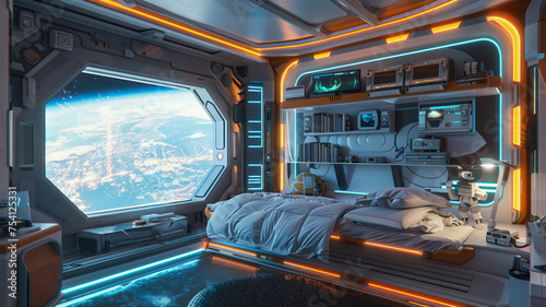 a futuristic teenager's room on an orbital station. a breathtaking view of Earth. Generative AI