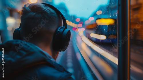 a man wearing headphones stares out a rainy window overlooking the city. slight melancholy and thoughtfulness. Generative AI