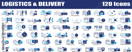 Logistics and Delivery Colorful icon set. Editable Set of 120 Delivery and Logistics web icons in line & fill style. High quality business icon set of Logistics