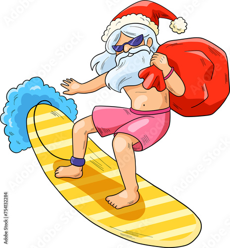 Santa Claus with bag full of gifts serfing on blue sea wave. Cute summer cartoon illustration about holidays.