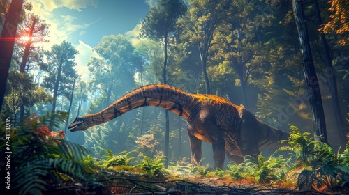 Gentle Brachiosaurus grazing in a vibrant Jurassic forest