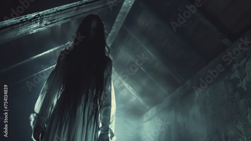 Terrifying long-haired female ghost in white, hovering in the attic of an old house