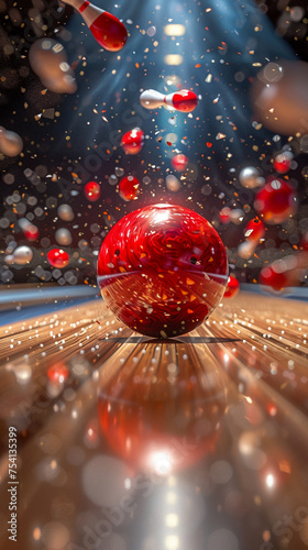 The pins scatter in all directions as the red bowling ball makes contact