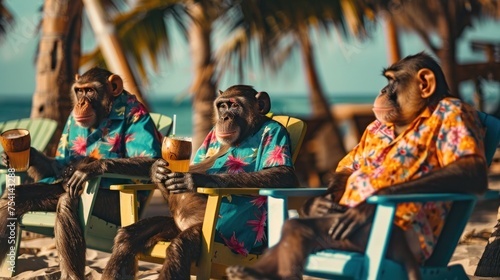 Comical scene of monkeys in colorful Hawaiian shirts lounging on beach chairs