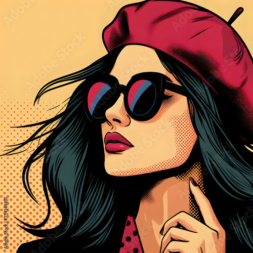 Woman in sunglasses and beret in pop-art style