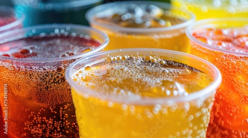 Bubbly Beverages in Plastic Cups: A Closeup of Carbonated Drinks with Bubble Carbonation, Varied Cafes' Caffeine Inducing Choices in Cans