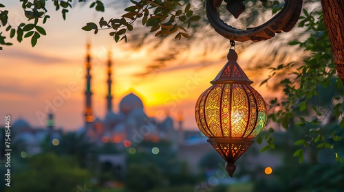 Radiant ramadan kareem: stunning arabic lantern and mosque gracefully embodying the spirit of the islamic holy month