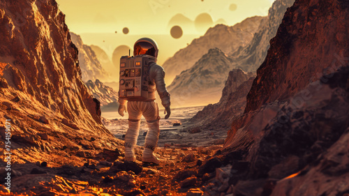 Astronaut Exploring Alien Planet. Generated Image. A digital rendering of an astronaut exploring an alien landscape. 