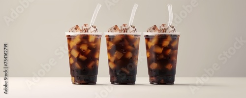 3 cups of iced coffee mockup with straws on a white background.