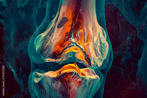 Creative artistic interpretation of an axial MRI scan of the human knee, showcasing the concentric layers of bone, cartilage, and soft tissues as seen from above the joint.
