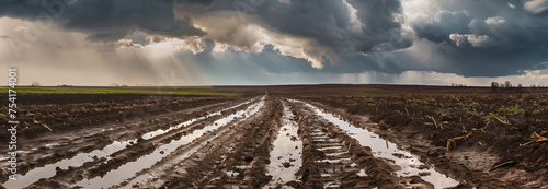 Dirt mud road and puddles on a plowed field after rain in bad weather. Agricultural field. Banner slider horizontal template.