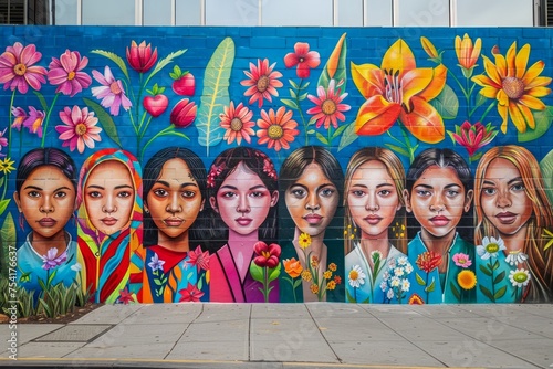 Vibrant Street Art Mural Depicting Beautiful Women Surrounded by Colorful Flowers on Urban Wall