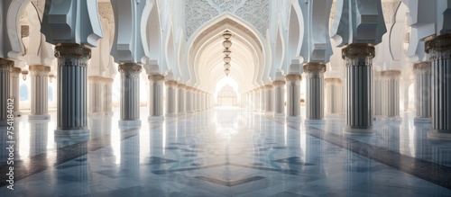 A grand room inside the Hassan II Mosque in Casablanca, Morocco, featuring towering columns and a bright light at the far end, creating a striking visual perspective.