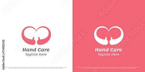 Love hand logo design illustration. Silhouette of hand heart gesture, caring handshake, help support the relationship between a fiancé and a wedding couple. Simple minimal cute warm gentle icon.