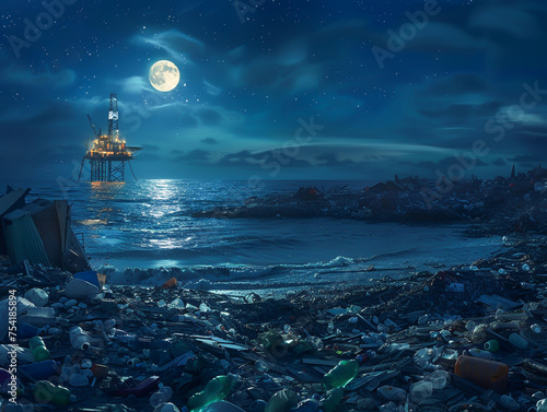 Worship God in a close-up, hope amidst plastic rubbish, with the backdrop of an oil rig at sea during Ramadan Kareem Realistic, HD
