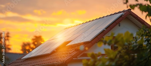 Solar Panels on Home Roof during Sunset