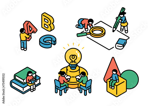 Illustration set of children enjoying learning