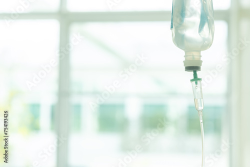 Saline intravenous (IV) drip for patient in hospital., Medical Concept, treatment emergency. Copy space. Soft focus. 