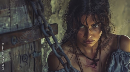 Hispanic beautiful woman is tied by chains to a wooden cross. 