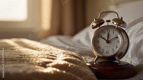 Close-up of the alarm clock on the bed in the bedroom, the concept of going to bed or waking up in the morning