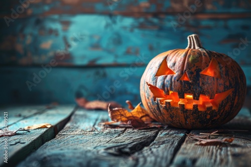 Spooky Halloween Pumpkin on Blue Wooden Background with Copy Space